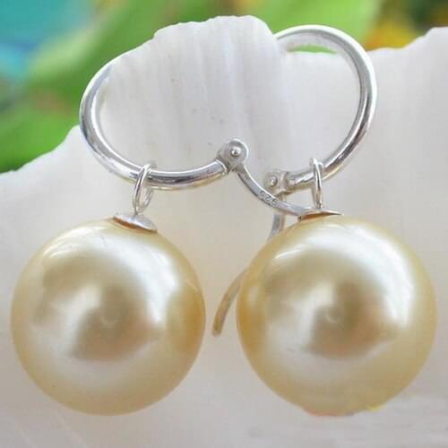 New Arrival Favorite Pearl Jewelry 16mm Yellow Round South Sea Shell Pearl Silver Dangle Earrings Charming Lady Gift