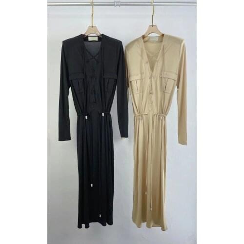 Shirt Split Dress Solid Summer Elegant High Waist V-Neck Long Sleeves Waist Elastic Luxury Party 2021 Dresses Women Long