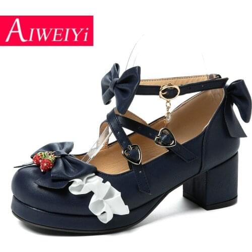 Woman High Heels Shoes Black Blue Sweet Bow Cross Strap Ladies Dress Party Pumps Princess Comfy Platform Pumps Gothic