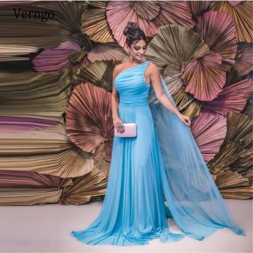 Verngo 2021 Simple A Line Light Sky Blue Chiffon Prom Dresses One Shoulder Pleats Evening Gowns Long Women Special Occasion Wear