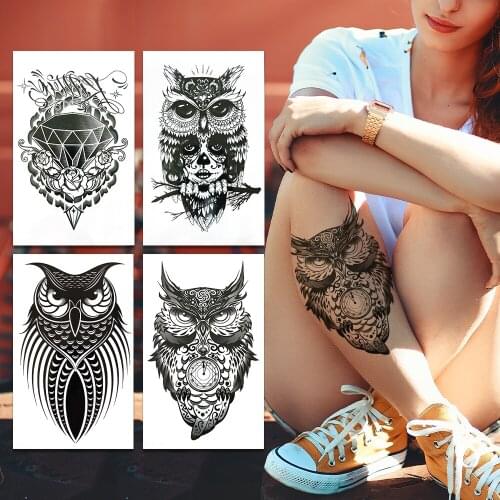Tribe Owl Temporary Tattoos For Women Men Large Black Geometric Gangster Tattoo Diamond Pendants Chains Fake Tatoo Body Armbands