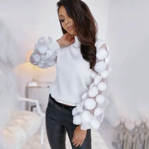 Women Spring Summer T-Shirt Fashion Dot Appliques Lace Patchwork See Through High Neck Puff Sleeve Solid Color Slim Pullover Top