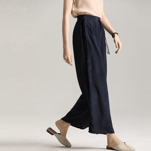 Natural Silk Pants Women 100% Mulberry Silk Office Wide Leg Full Trousers M L XL FREE SHIPPING