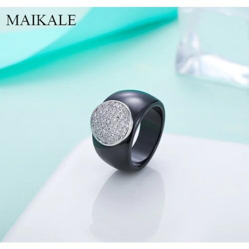 MAIKALE Luxury Black White Ceramic Rings Silver Color Big Round Zirconia Wide Wedding Band Rings for Women Jewelry Party Gifts