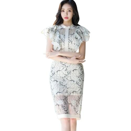 White lace One piece Dress for women korea Ruffle Sleeve Stand sundress Office Ladies formal Midi Dresses