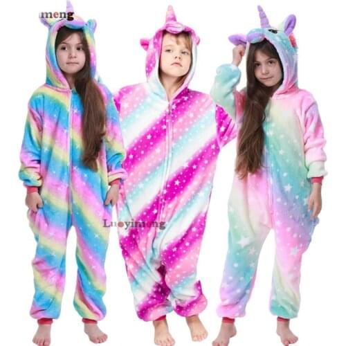 Winter Girls Boys Kigurumi Pajamas Unicorn Sleepwear Cartoon Panda Onesies Pyjamas Kids Flannel Warm Jumpsuit Pijama Unicornio