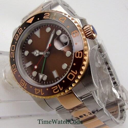 Golden 40mm Automatic Mens Wristwatch GMT Function Coffee Dial Sapphire Glass Date Display Two Tone Oyster Bracelet Cyclops