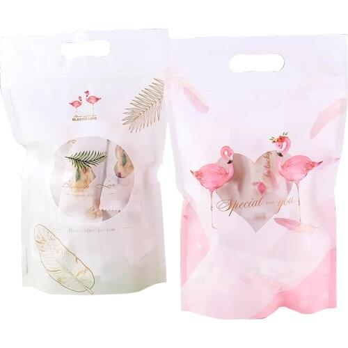 10PCS Cute Flamingo Pattern Candy Self Adhesive Bag Thick Cookie Nougat Ziplock Plastic Bag Wedding Party Packaging Gift Bag