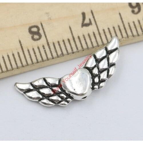 20pcs Antique Silver Tone Angel Heart Wings Spacer Beads fit for Bracelet Necklace Jewelry Making DIY Handmade Craft 22x9mm