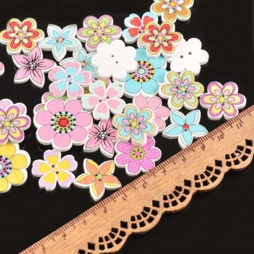 25pcs Mixed Painted Colorful Flowers Wooden Buttons For Crafts Decorative Scrapbookings Sewing Clothing Button Accessories M1515