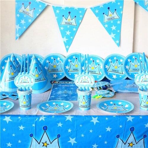83Pcs Prince Crown Prince Theme Birthday Party Plates Banner Hat Kids Birthday Party Favors Prince Crown Cups