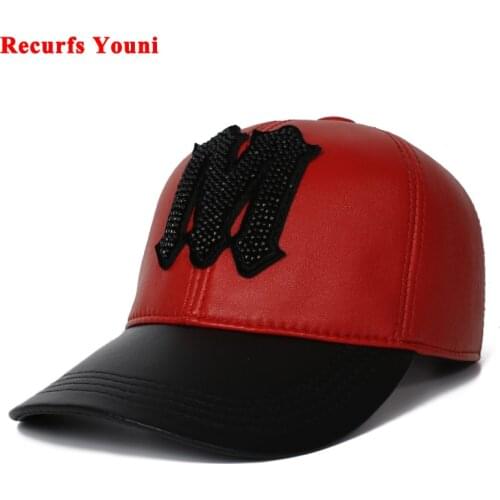 American TOP Pearl Rivet Shiny Word Genuine Leather Baseball Caps Men Women Red Hipsters Hip Hop Cap Male Hockey Snapback Hats