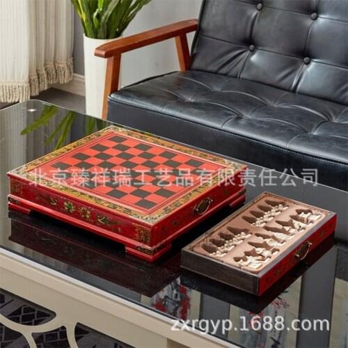 Antique chess, terracotta warriors and horses, chess three-dimensional figures, chess antique wooden chess board