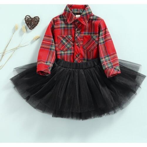 Lovely Infant Baby Girls Christmas Party Clothes Set Long-sleeved Plaid Shirt+Mesh Skirt Multi-layer Sweet Toddler Kids Outfits
