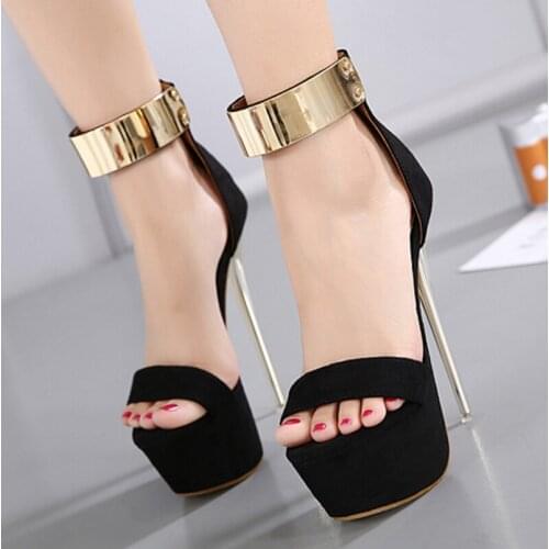 Bridal Ankle Strap Heels Platform Sandals Party Shoes For Women Wedding Pumps 16cm High Heels Sequined Gladiator Sandals Black