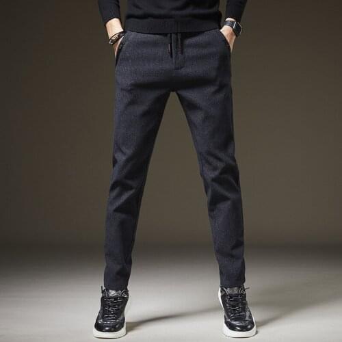 New Pants Slim Smart Casual Pants Full Length Brushed Fabric Business Stretch Trousers Male Black Blue Pantalones 38