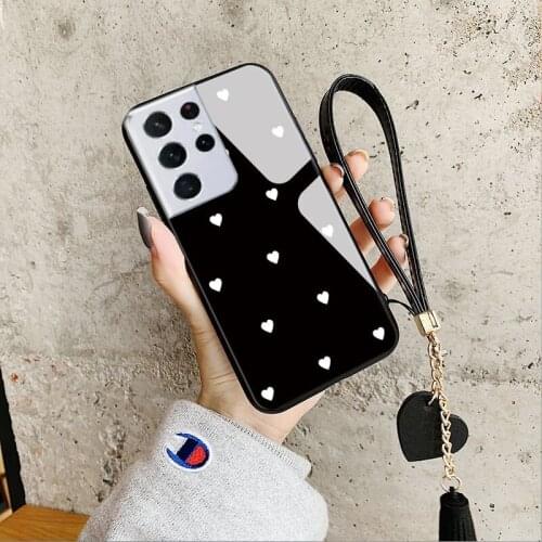 Small Love Heart Tempered Glass Case For Samsung S21 Ultra S20 Plus S10 S9 S8 S20 FE Cover Tassel Lanyard Schockproof Back Cover