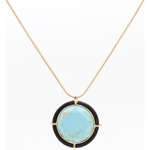 FYJS Unique Light Yellow Gold Color Round Green Turquoises Stone Pendant Link Chain Necklace Trendy Jewelry