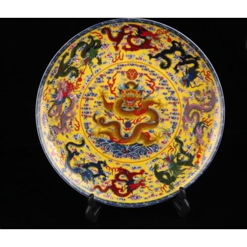 China Pastel ceramic nine dragon phoenix Dish crafts statue
