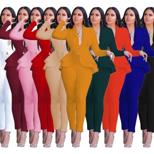 Sexy V-neck Two Piece Set Outfits Ruffles Women Solid Suits Business Work Office Ladies OL Costume Femme Two Piece Blazer Set
