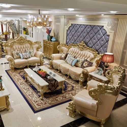 European-style Leather Sofa Combination Solid Wood Carved Hotel Villa High-end Sofa Champagne Color Living Room Sofa