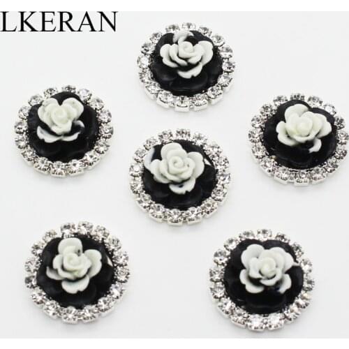 LkeRan 10pcs 20mm Fashion Black white Resin flower Buttons Wedding Decoration Button Embellishment Crystal Diy Accessories