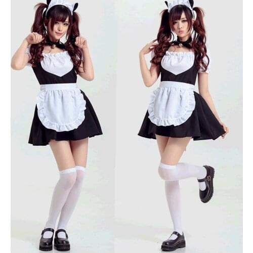 Cute Anime Cat Bell Maid Dress Claasic Cosplay Costume Girls Kawaii Lolita Dress Coffee Maidservant Black White Uniform