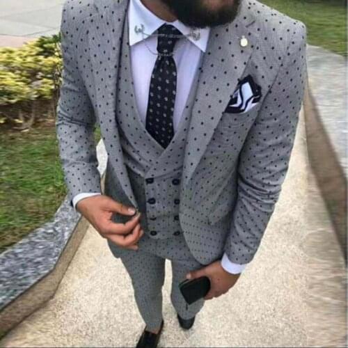 3 Piece Casual Mens Silver Grey Slim Fit Prom White Tuxedos Point Solid Business Suits For Wedding Grooms (Blazer+Vest+Pants)