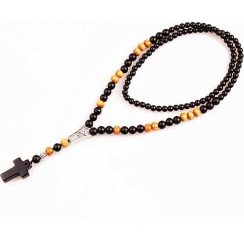 New Black stone bead Wood Beads with black stone cross Pendant Mens Rosary Necklace Mens Mala jewelry