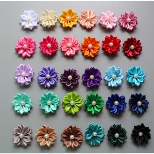 Satin wholesale Ribbon Solid flower pearl in the center hair accessories for headband hair clips 100pcs/lot Free shipping