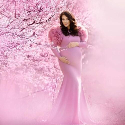 Modern Pink Long Pregnancy Dresses Long Sleeves Big Handmade Flowers Ruffles Flouncing Women Stretch Pregnancy Gown Cheaper