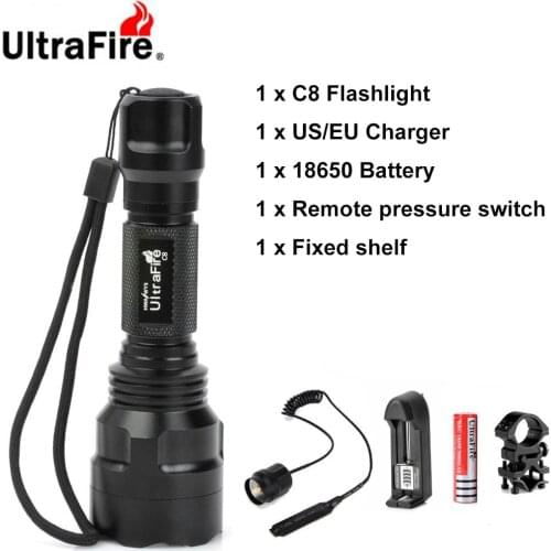 Ultrafire C8 LED Flashlight XML-T6 5 Mode Remote Tactical Flashlight Camping Lantern Flash 18650 Torch Rechargeable Battery