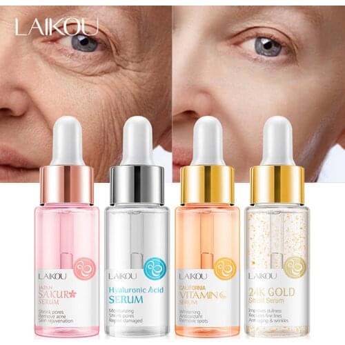 LAIKOU Hyaluronic Acid Serum Sakura 24K GOLD Snail Moisturizing Vitamin C Serum Essence Face serum facial Shrink Pores Acne 15ml