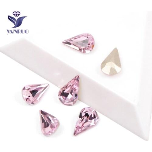 YANRUO 4300 Pear Drop Light Rose K9 Crystal Pointback Strass Crystal Stones For Clothes With Frame Sew-On Stones Wedding Dress