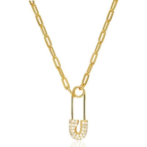 100% S925 Sterling Silver Safety Pin Necklace for Women Cubic Zirconia Pin Shape Necklaces Charms Jewelry