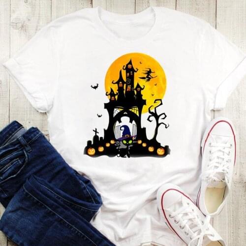 Cat Funny Witch Halloween Print Happy Thanksgiving Women Cartoon Female T-Shirt Tops Tshirt Fall Autumn Graphic Tees