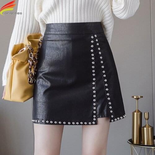 New 2021 Autumn Black PU Leather Skirt Women With Rivet High Waist A Line Mini Skirts Korean Style Casual Short Jupes Femme