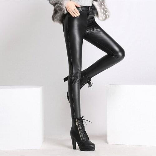 Plus Size Leather Pants Women PU Abdomen Trousers Autumn Winter Korean Leather Leggings Tight Pencil Black Velvet Pants 2020
