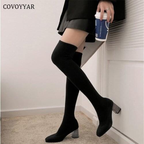 COVOYYAR Winter Over The Knee Women Boots High Square Heels Stretch Fabric Shoes Woman Fashion Sexy Long Socks Boots WBS4123