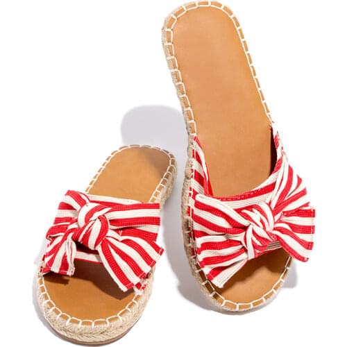 Womens Bow Slippers 2020 Summer Ladies Sandals Flat Woman Stripe Open Toe Slides Female Beach Shoes Women Slip On Footwear