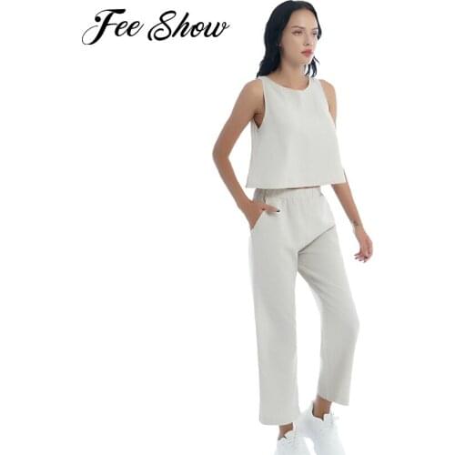 Women Cotton Summer Yoga Set 2Pcs Casual Sports Suit Gym Fitness Tracksuits Sleeveless Vest Top Loose Pants Outfits Leisure Wear