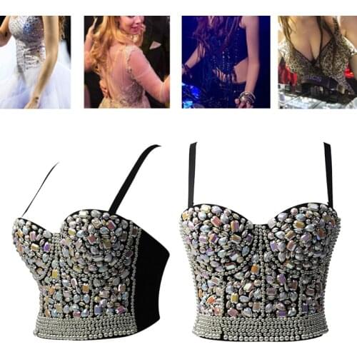 Womens Colorful Rhinestone Push Up Bra Bustier Imitation Pearl Beaded Underwire Camisole Sexy Punk Party Clubwear Corset Top Bra