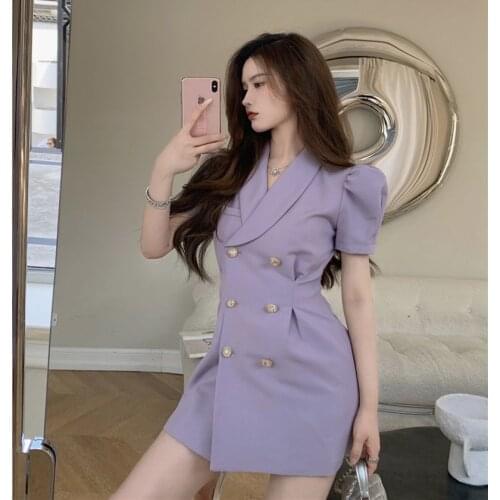 Double Breasted Summer Mini Dress Women V-Neck Office Lady Elegant Party Dress Puff Sleeve High Waist Purple Korean C493