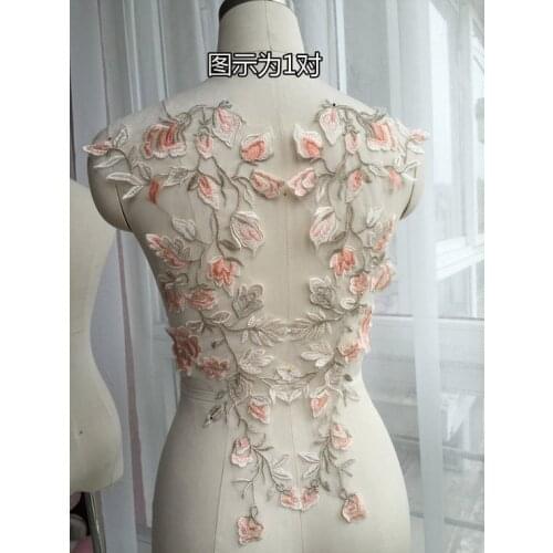 1 Pair Peach Pink Florals Lace Applique Bodice For Bridal Dress Altering