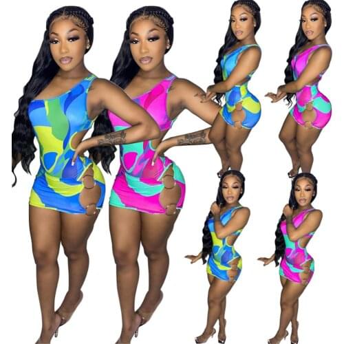 2PCS Swimsuit Bikini Sets Single Shoulder Sleeveless Printed Bodycon Bodysuit+Hollow Out Short Beach Wrap Swimwear Cove Up Skirt