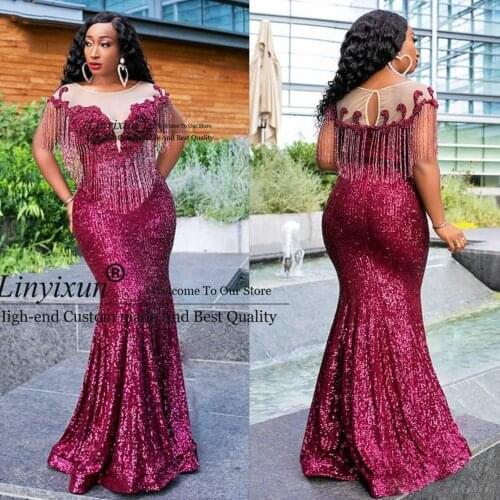 2020 Aso Ebi Arabic Burgundy Sparkly Sequins Evening Dress Sheer Neck Beads Mermaid Prom Dresses Tassel Plus Size robe de soiree