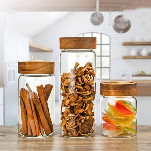 300/550/750ml Food Storage Container Glass Kitchen Refrigerator Wooden Cover Multigrain Storage Tank Transparent Sealed Cans