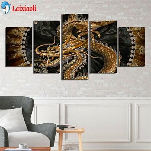 5 Panel Fly God Golden Dragon 5d DIY Diamond Painting Cross Stitch Embroidery Full Round/Square rhinestones Mosaic home decor