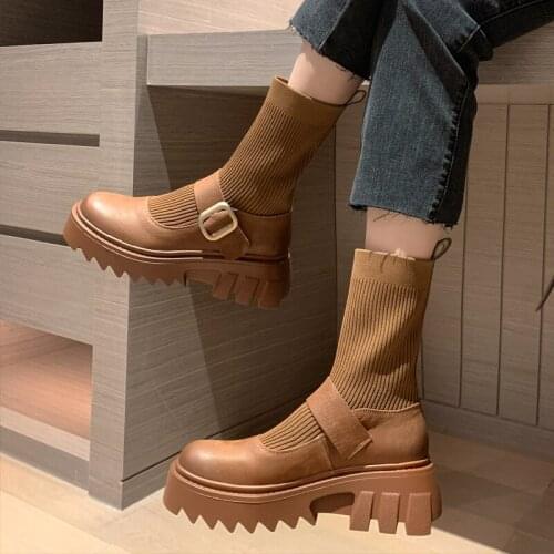 Thick Soled Sock Boots Women Martin Boots 2021 Autumn New British Style Retro Knitted Genuine Leather Short Boots Botines Mujer