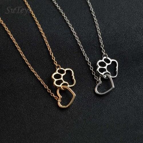 Suteyi Hollow Pet Paw Footprint Necklaces Cute Animal Dog Cat Love Heart Pendant Necklace For Women Girls Jewelry Necklace
